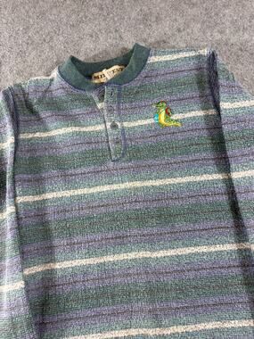 Vintage 90s Henley Shirt Boys Medium 8-10 Green Blue Striped Long Sleeve Retro